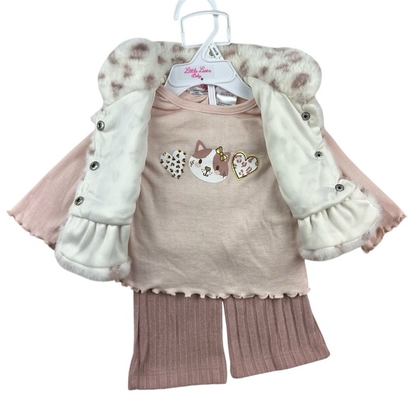 Little Lass Baby 3pc Cheetah Faux Fur Vest Long Sleeve Pant Set Pink Size 0-3M - Picture 2 of 7